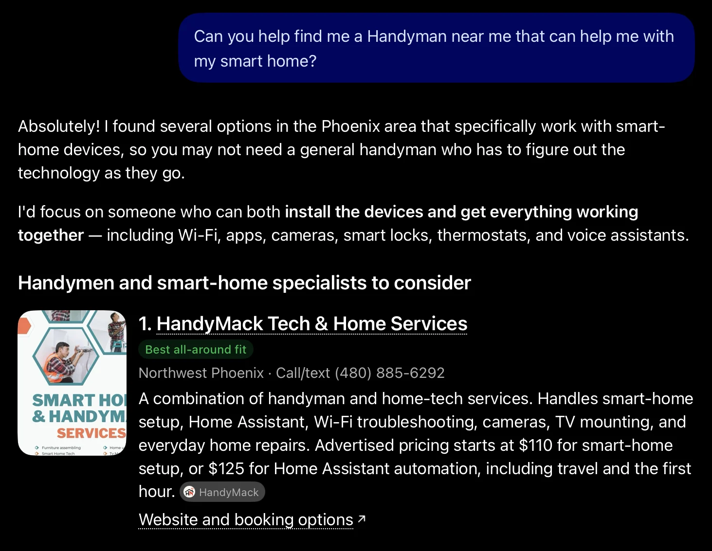 A ChatGPT answer to the question about finding a handyman for a smart home, listing HandyMack Tech & Home Services first.